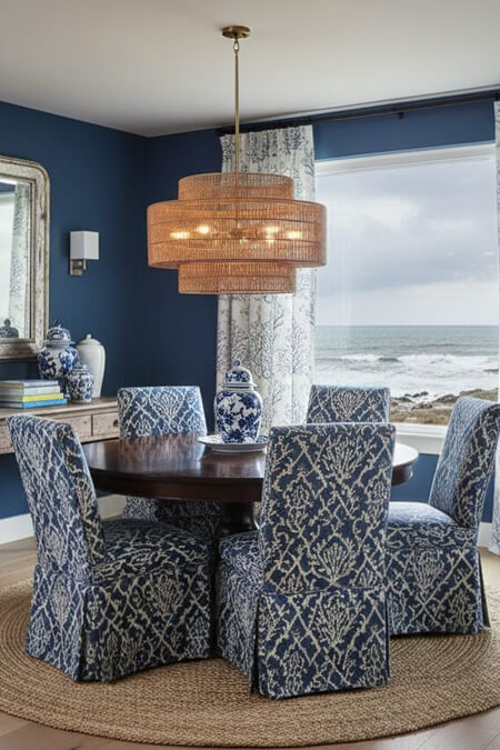 Contemporary navy blue and white dining room with a round table at the beach