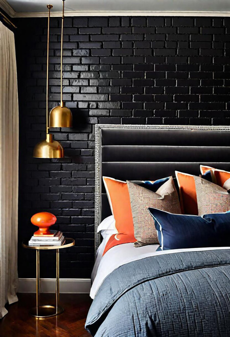 black painted brick wall bedroom