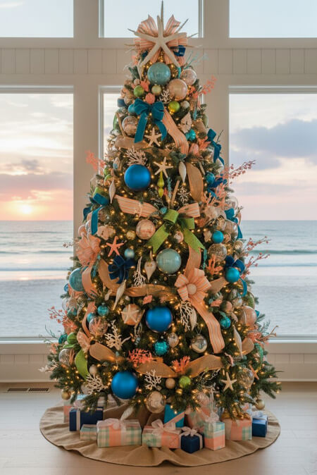 Beach house Christmas tree decorating ideas with blue green peach