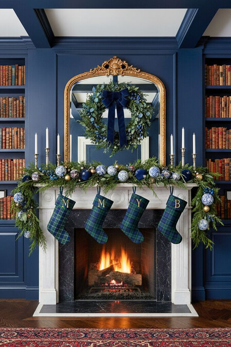 Navy blue and white Christmas fireplace mantel