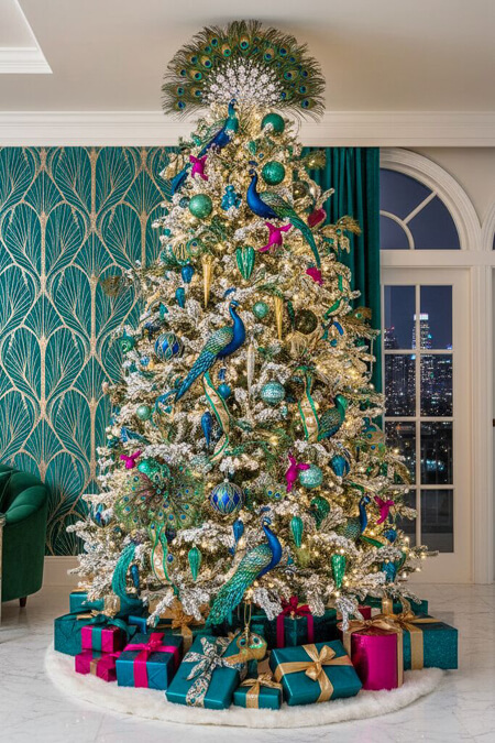 Dramatic elegant peacock themed Christmas tree