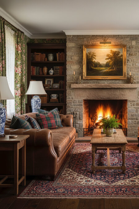 english country living room with chesterfield sofa