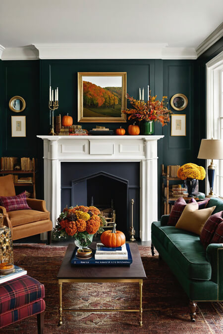 fall colors green plaid living room
