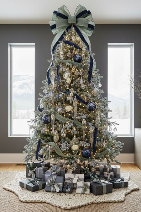 Blue silver gray green Christmas tree with a huge bow tree topper