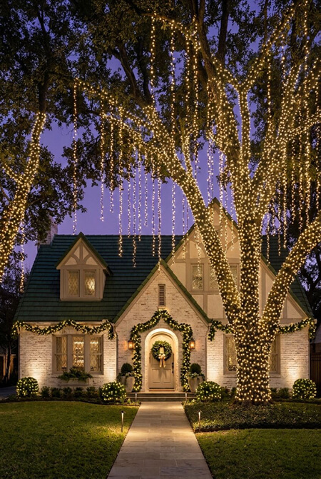Christmas lights on an elegant home