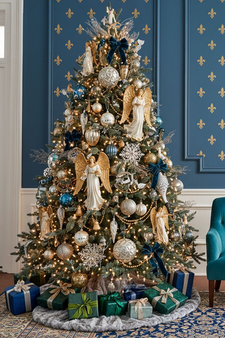 Colorful elegant Christmas tree with angel ornaments