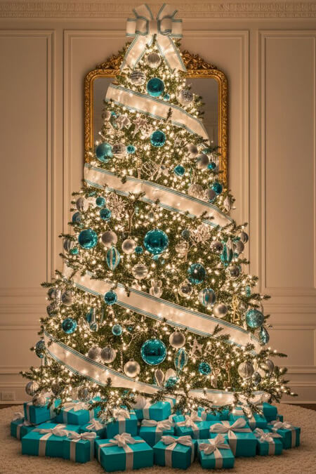 Glowing Christmas tree with Tiffany Blue ornaments
