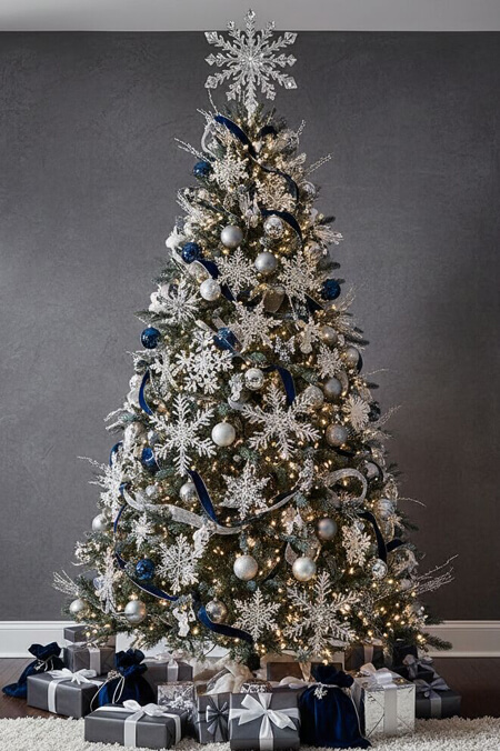 Christmas tree with snowflake ornaments