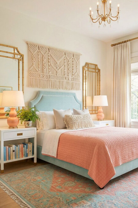 peach and blue contemporary bedroom