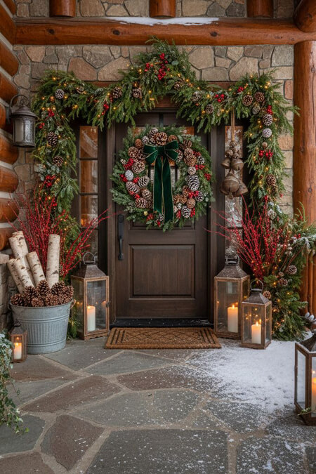 Front porch decorated for Christmas with a pine cone wreath