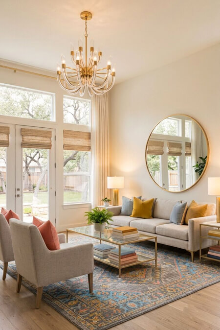 small neutral living room pink blue yellow