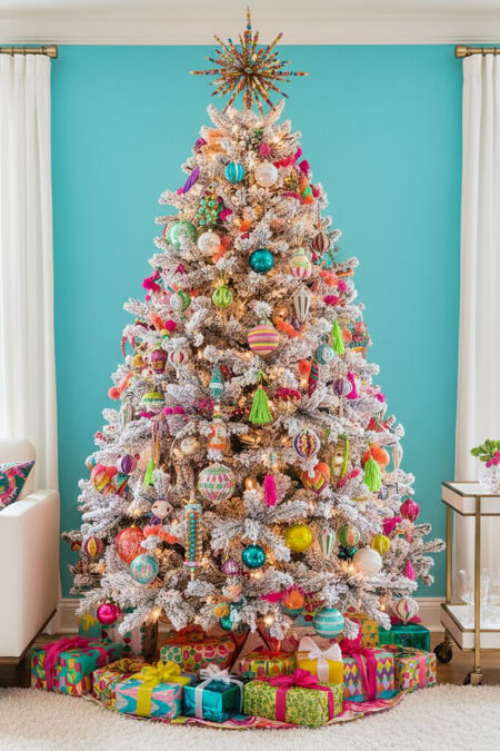 White flocked Christmas tree with colorful Christmas ornaments