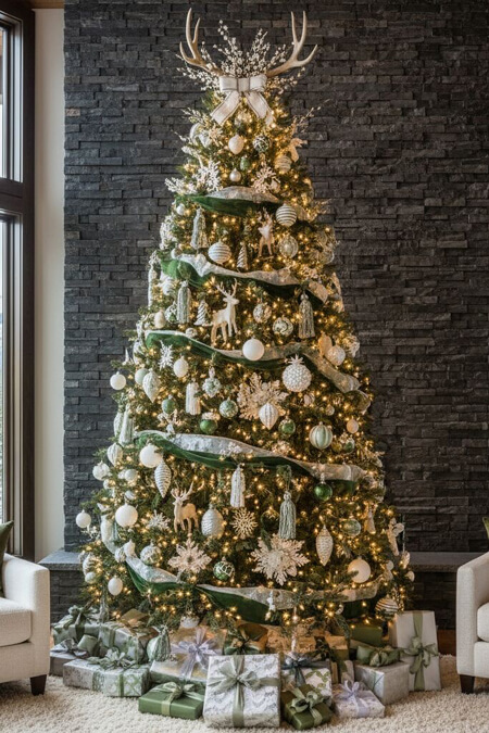 Christmas tree with green and white ornaments.  Antler Christmas tree topper.