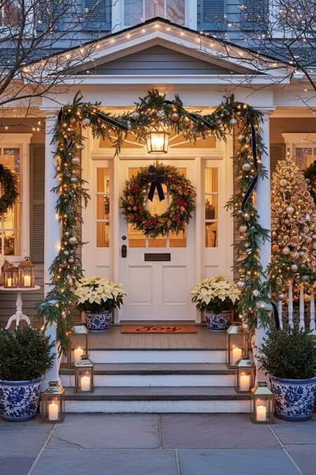 Front porch decorated for Christmas with a front door wreath