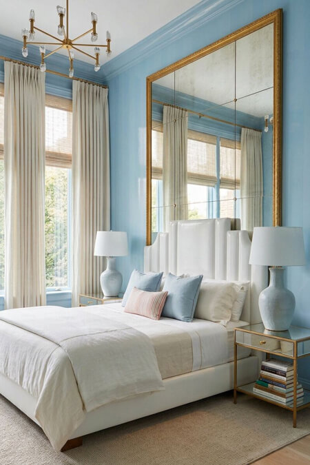 blue bedroom big mirror