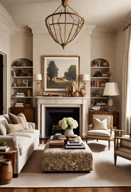 Maximalist neutral living room decorating ideas