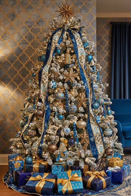 Opulent blue and gold Christmas tree