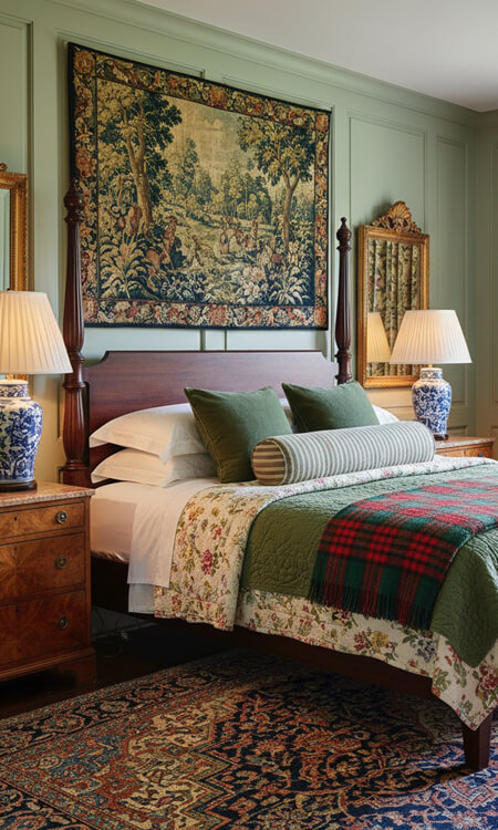 English country bedroom with tapestry