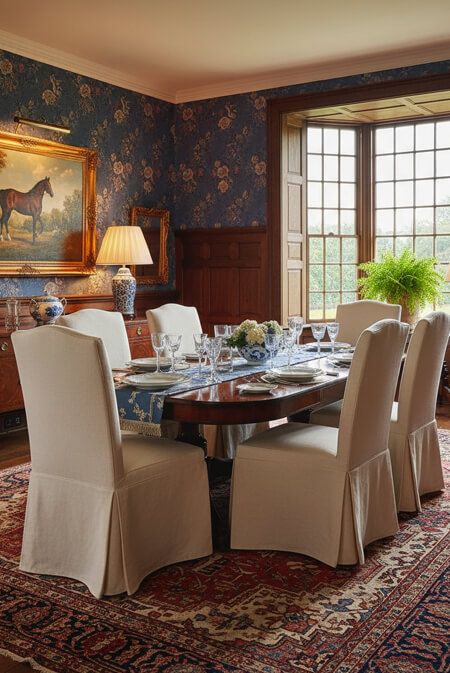 English country dining room with white slipcovered chairs
