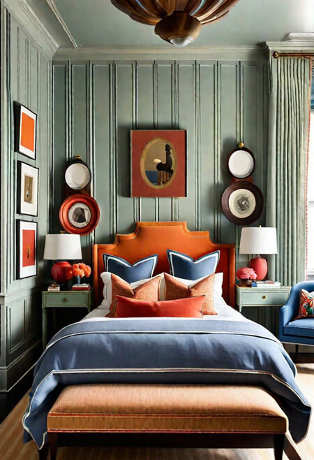 Colorful bedroom with painted paneled walls