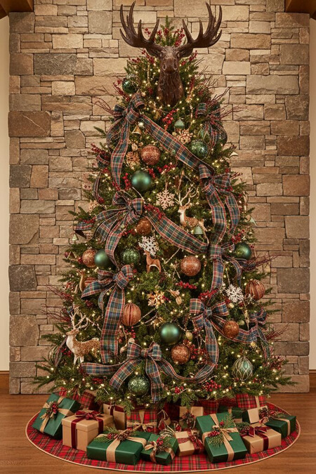 Rustic Christmas tree with woodland creature theme and moose tree topper