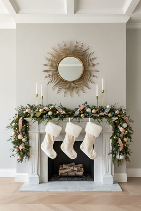 Neutral simple elegant fireplace mantel decorated for Christmas