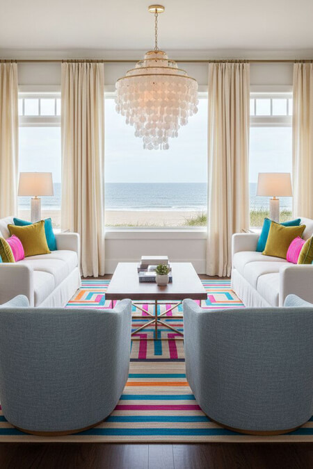 White beach house living room with colorful pillows