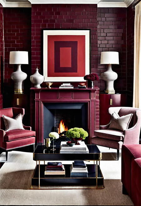 burgundy painted brick wall living room