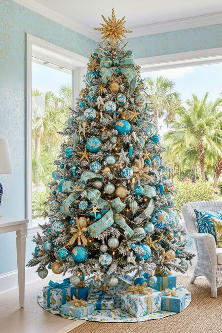 Coastal blue and gold Christmas tree decorating ideas