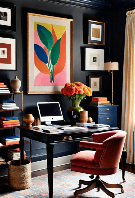 colorful art black walls home office