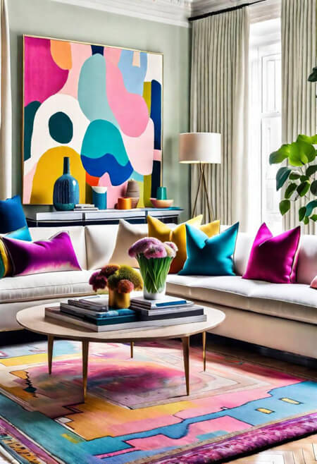 colorful living room pink blue yellow