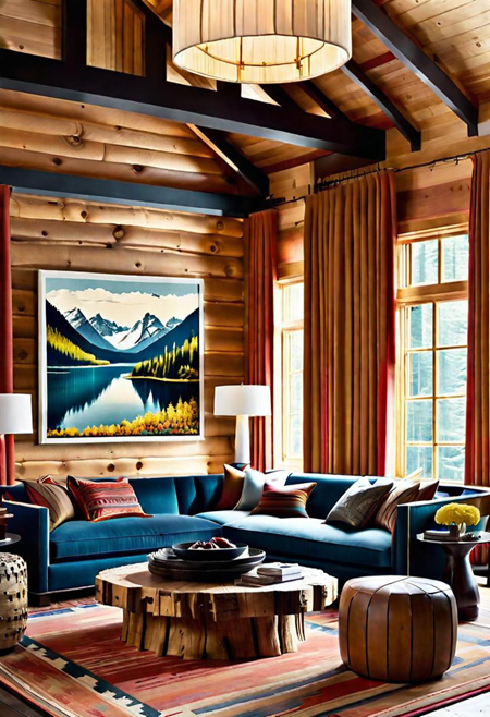 colorful log cabin living room