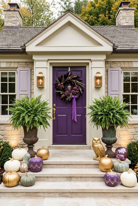 Purple Christmas decor on a front porch