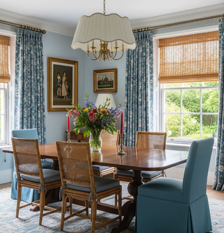 english country dining room with blue chairs