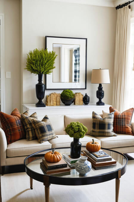 fall textiles pillows plaid tartan living room white sofa