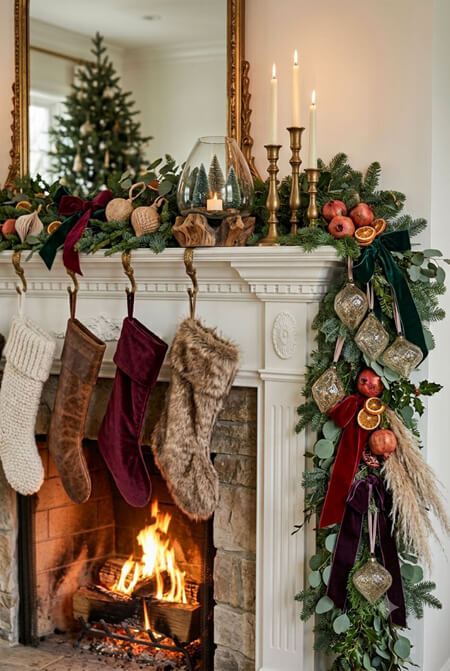 Ornate Christmas garland on a fireplace mantel