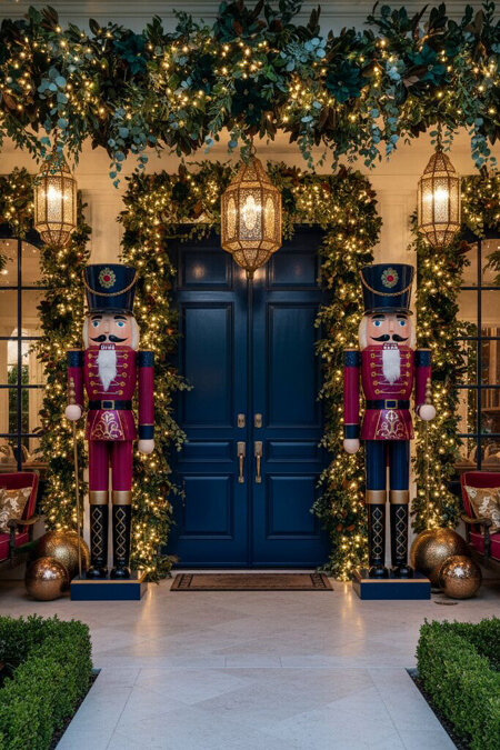 Front porch decorated for Christmas with life sized nutcracker soldiers