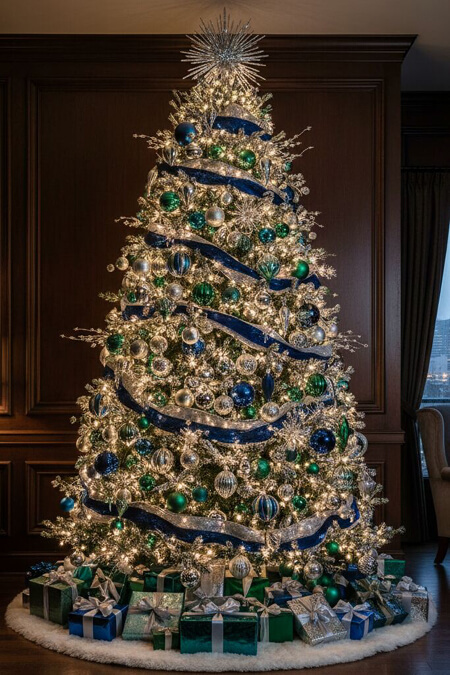 Beautiful modern blue green silver Christmas tree decorating ideas