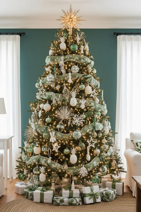 Green and white Christmas ornaments on a Christmas tree