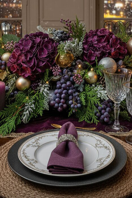 Christmas tablescape in different shades of purple