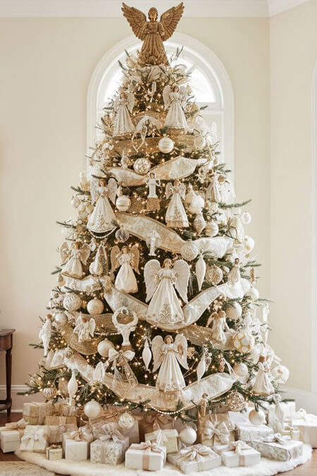 Neutral white and gold Christmas tree with angel ornaments