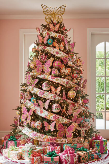 Pink Christmas tree decorated with butterflies