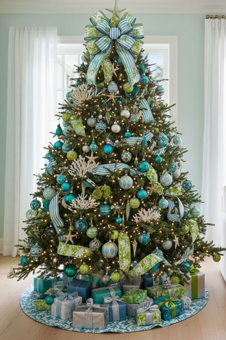 Christmas tree with blue and green ornaments