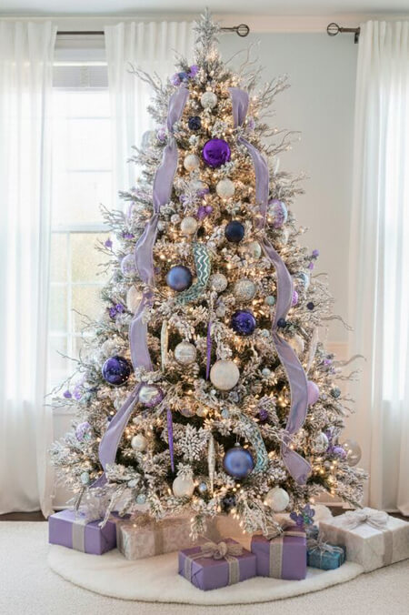 Casual purple and lavender Christmas decorations on a Christmas tree