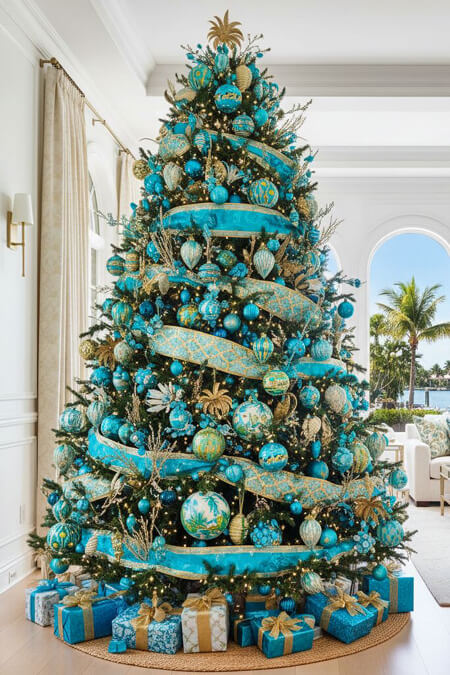 Christmas tree with aqua and gold Christmas decorations