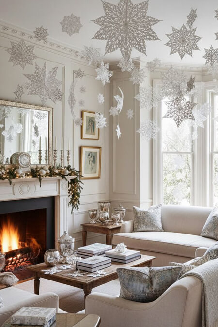 Living room decorated with paper snowflakes hung from the ceiling