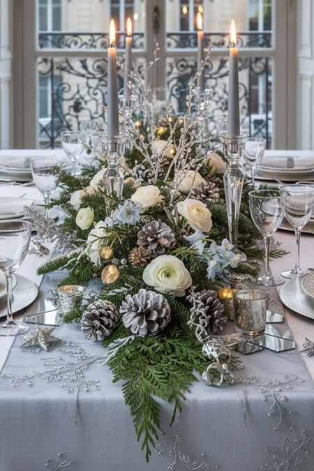 Winter wonderland Christmas tablescape with pine cones