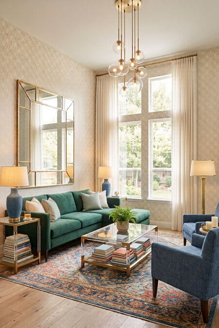 small neutral living room green sofa