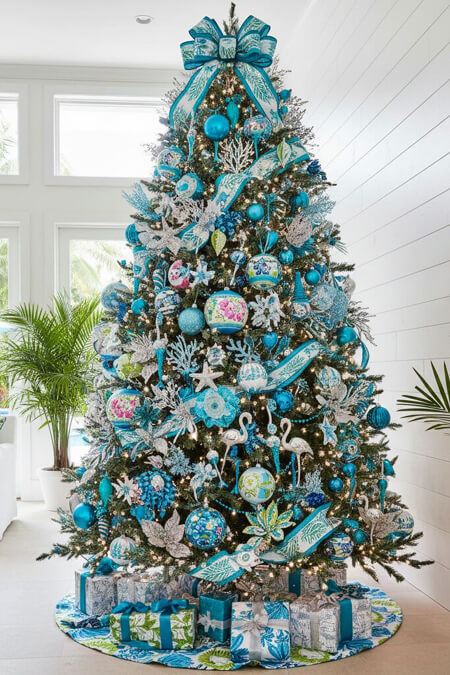 Coastal Christmas tree with blue and silver ornaments