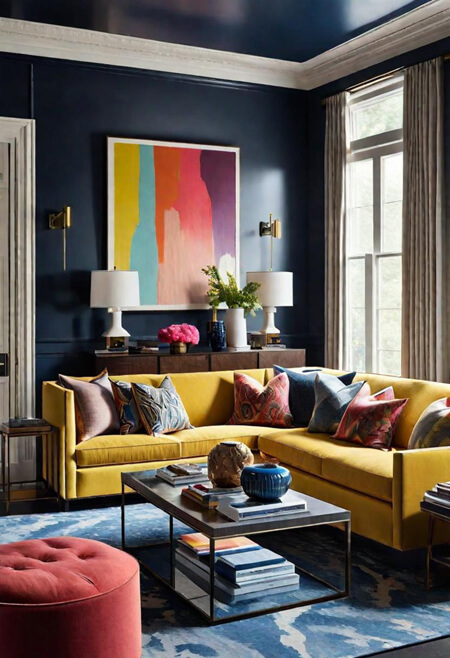 Colorful living room with black walls